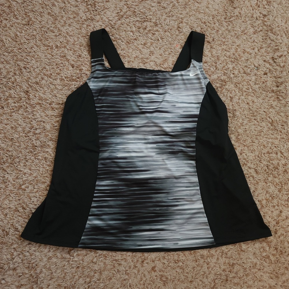 Nike Tankini Top Women 3X Black White Striped Crossback Athletic Swimwear